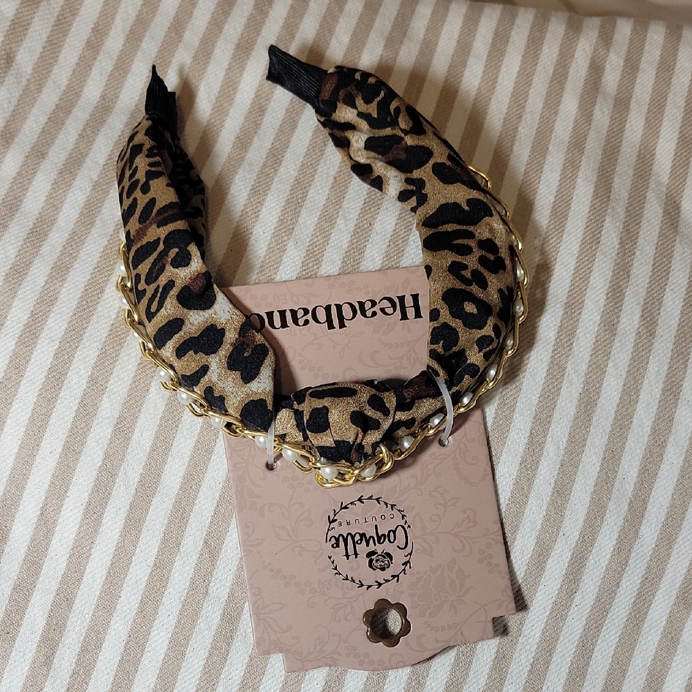 Leopard Print Headband with Gold Chain